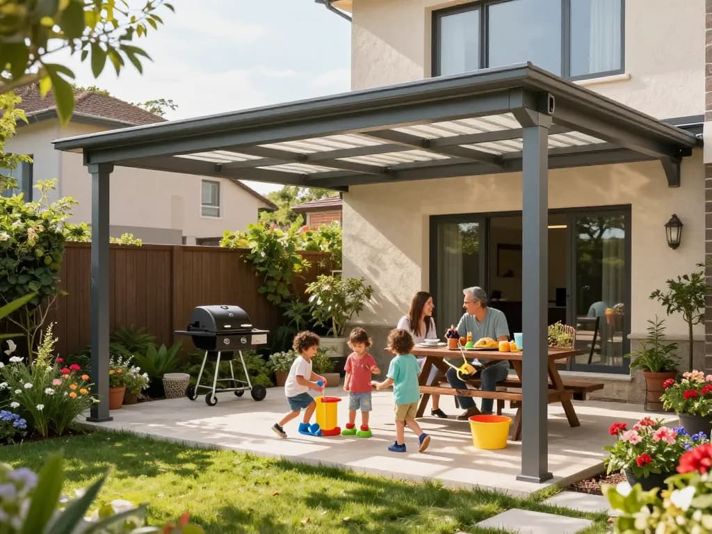 Schöne Terrassenüberdachung in einem landschaftlich gestalteten Garten mit einer Familie, die einen sonnigen Tag genießt.