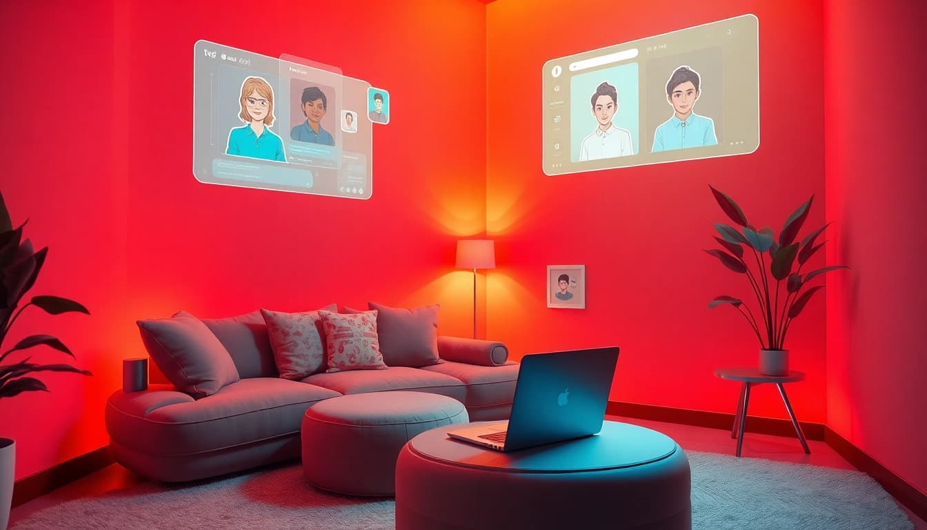 Porn AI chat scene featuring a cozy digital interaction space with high-tech elements and engaging interfaces.