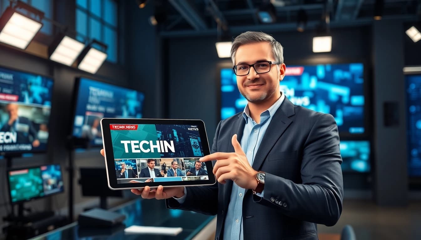 Aktuelle Technik News von einem Journalisten in einem modernen Newsroom präsentieren.