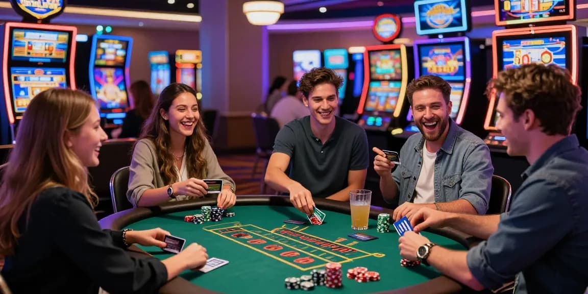 Spieler genießen ein Paysafe Card Casino-Erlebnis mit lebendiger Atmosphäre und fröhlichen Interaktionen.