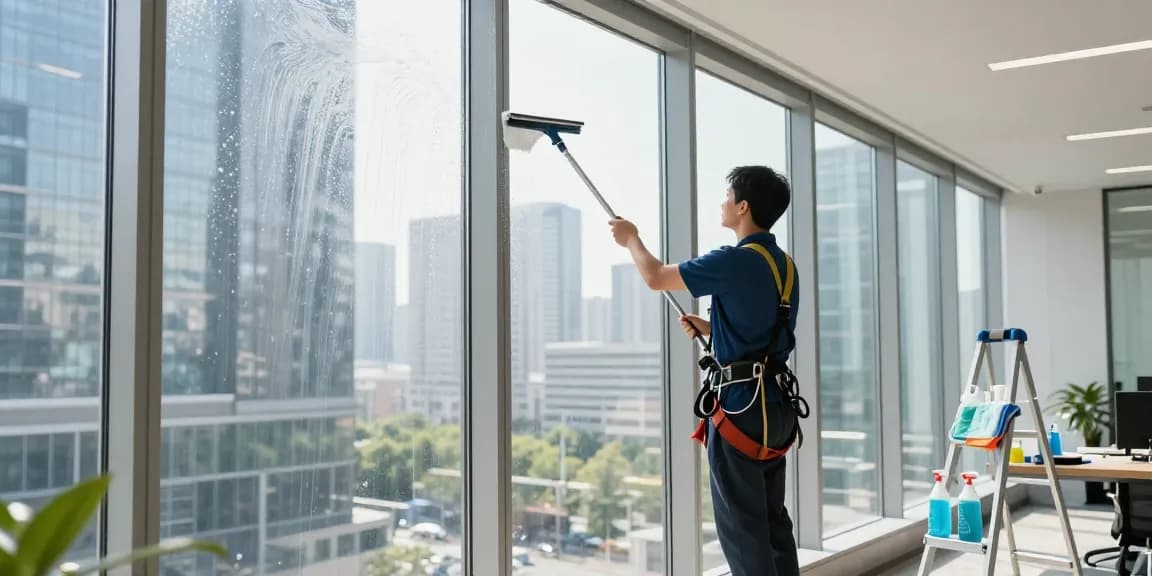Expert fensterreinigung solothurn in a vibrant office with a cleaner washing large glass windows.