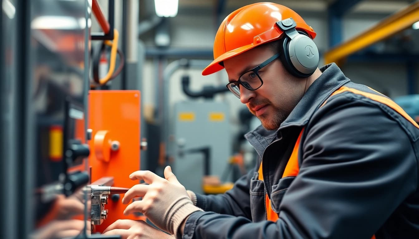 Technician conducting a DGUV V3 Prüfung, ensuring electrical safety and compliance in a workshop setting.