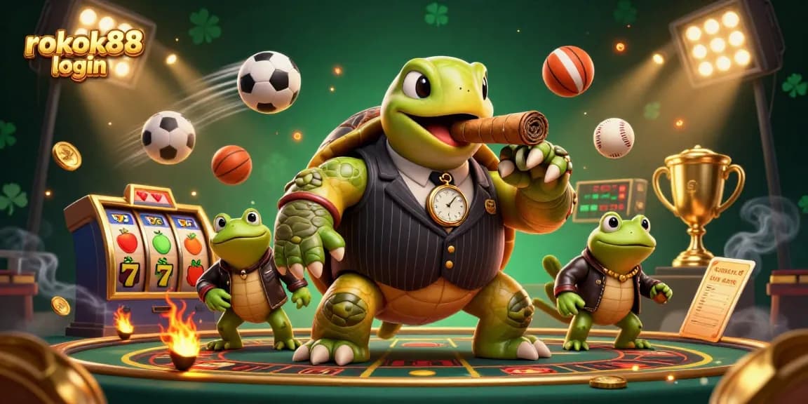 Experience winning with rokok88 login in a vibrant casino scene featuring a turtle mobster and sports elements.