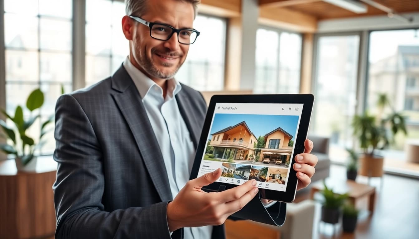 Immobilienmakler Frankfurt Dornbusch präsentiert eine attraktive Immobilie in einem modernen Büro.