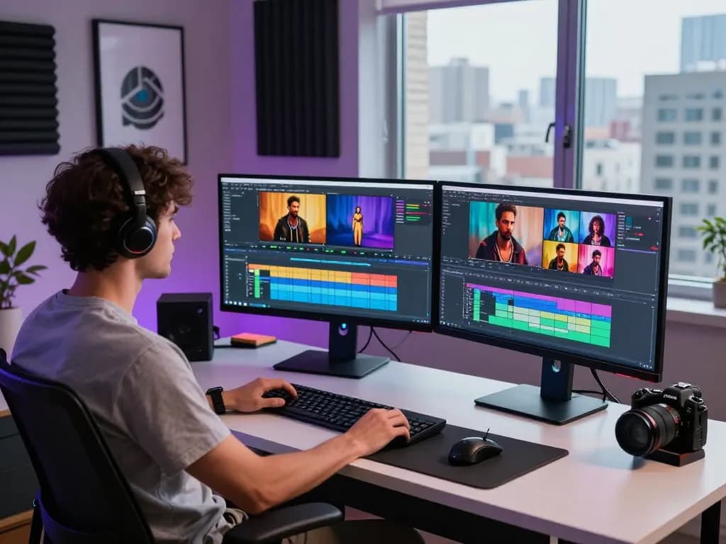 Video editor utilizing free motion control technology in a modern workspace.