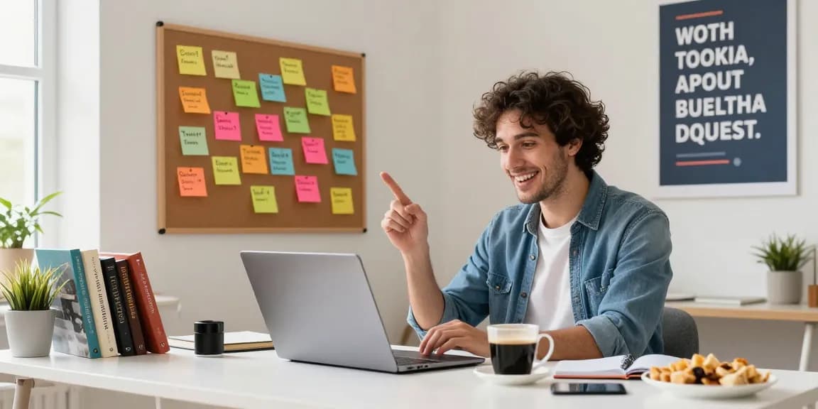 Interactive quiz Allgemeinwissen session in a bright home office with trivia resources.