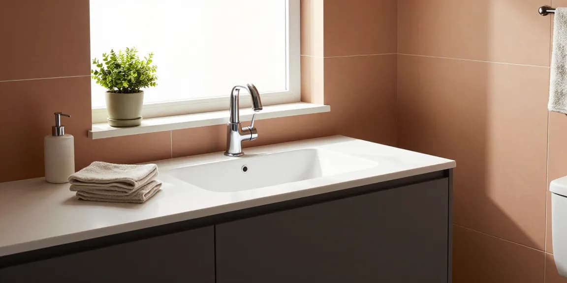 Stijlvol badkamermeubel zonder kraangat getoond in een moderne badkamer met natuurlijk licht.