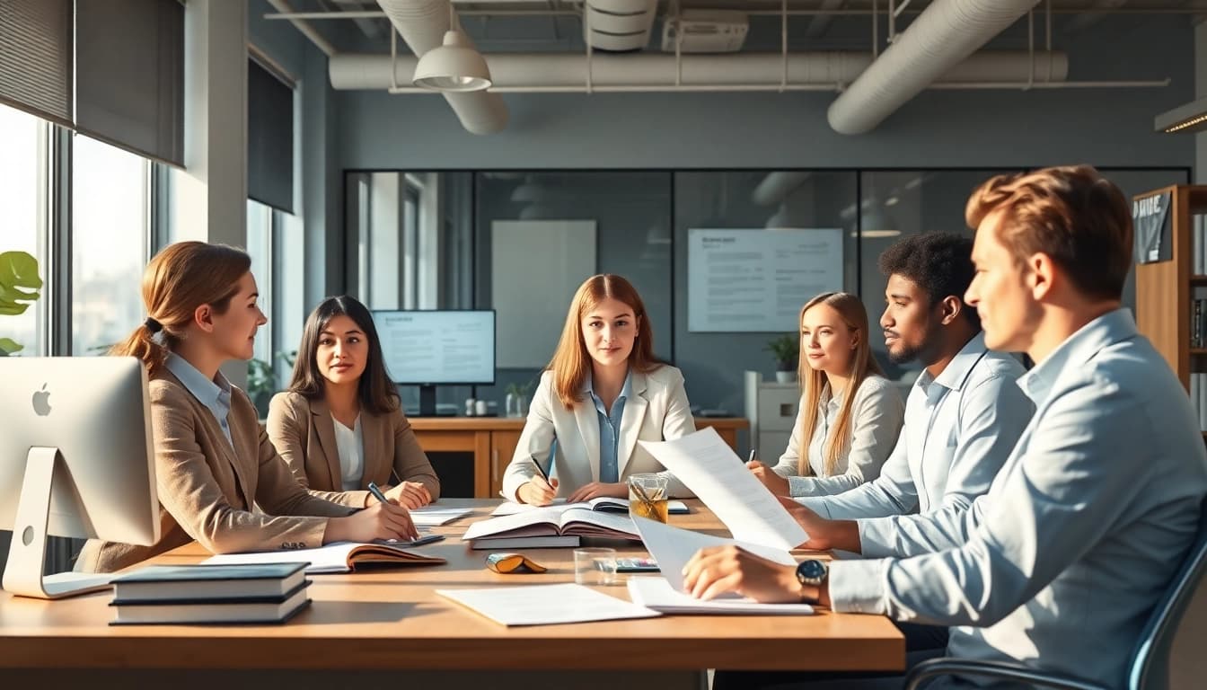Professionelle Arbeitsumgebung für beglaubigte Übersetzer (Beglaubigte Übersetzer) in einem modernen Büro, in dem verschiedene Personen zusammenarbeiten.