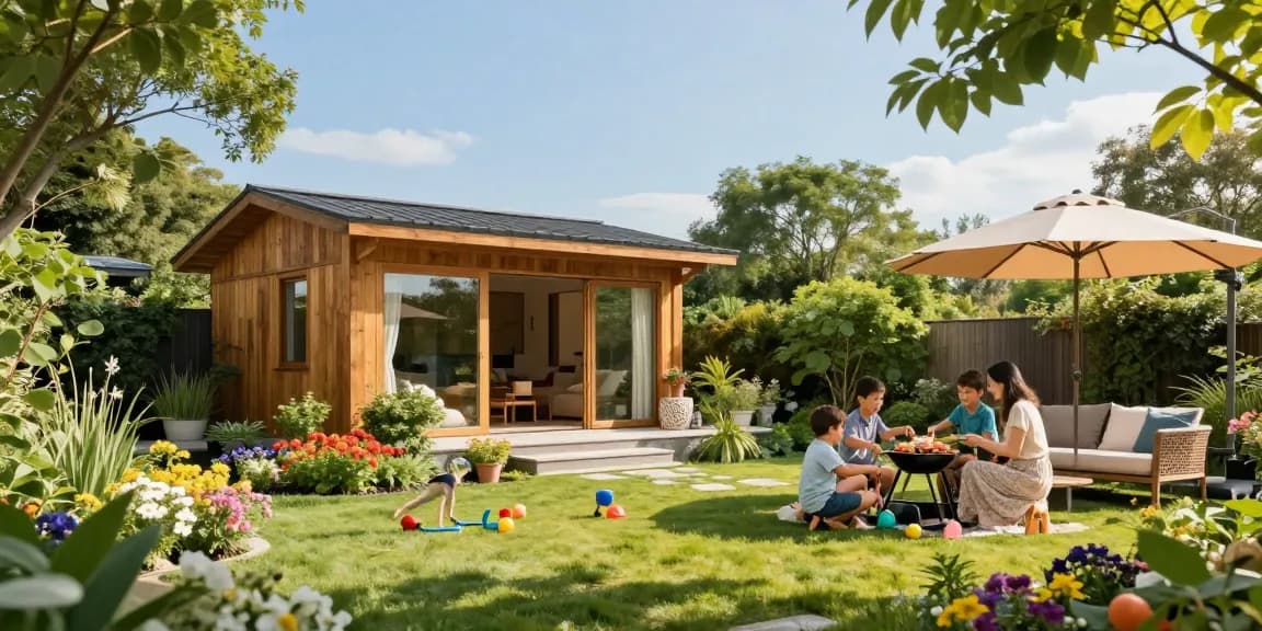 Gartenhäuser aus Holz in einem schönen Garten mit Familienaktivitäten, Spielzeug und Outdoor-Möbeln.