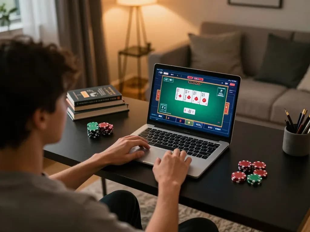 Man88 user engaging in a thrilling online poker game at home, showcasing dynamic gameplay.