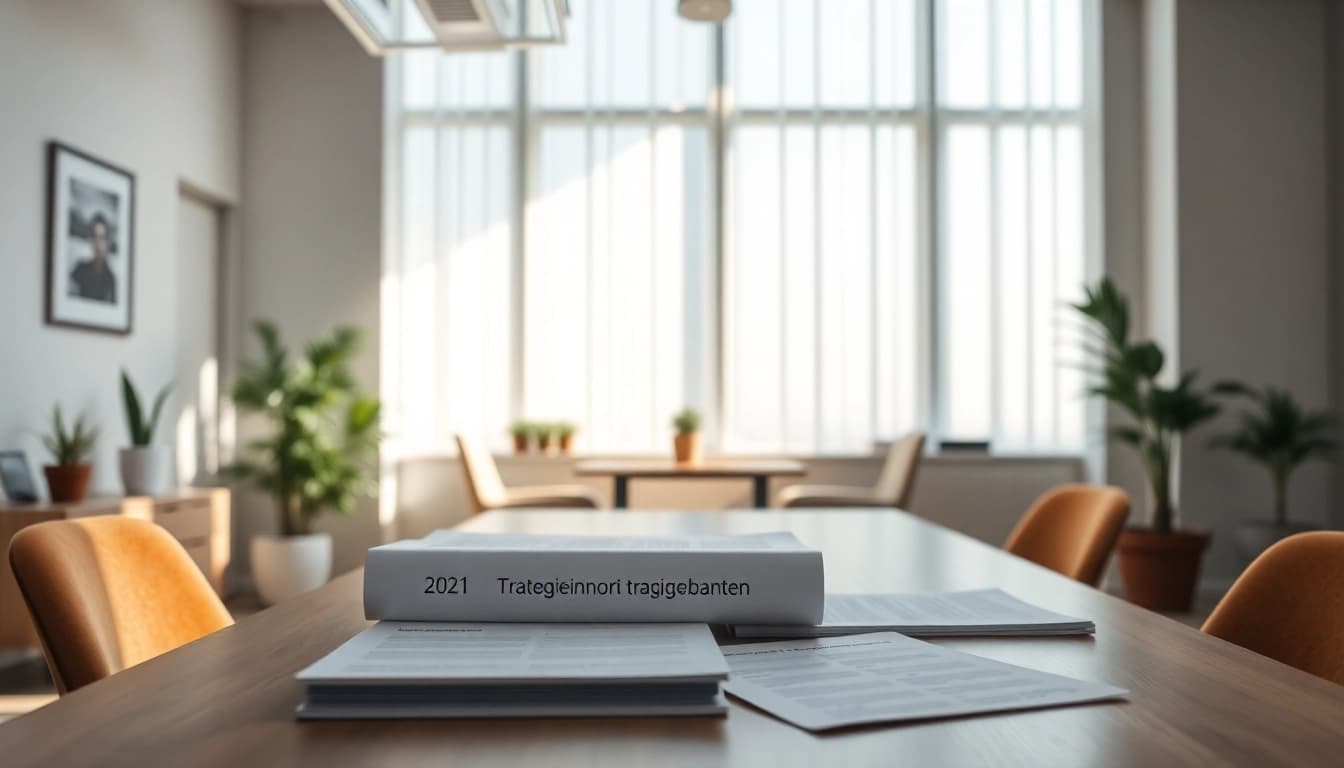 Strategieberatung documents laid on a table in a bright office, highlighting strategic planning.