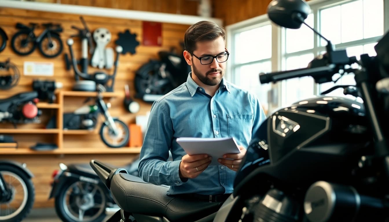 Motorrad Gutachter bewertet ein Motorrad in einem professionellen Umfeld.