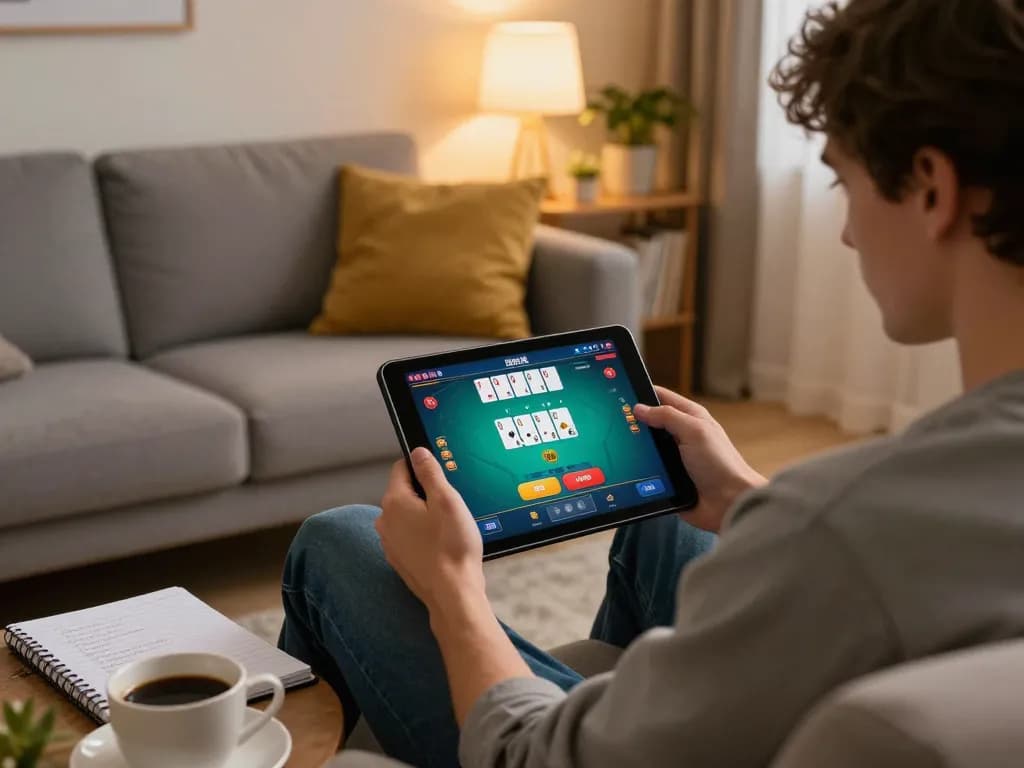 Player enjoying online poker on hm88 com in a cozy living room with strategy notes and coffee