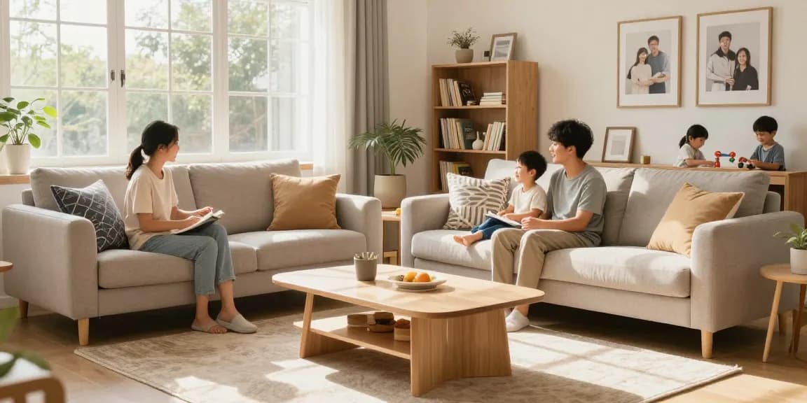 Erschwingliche Möbeloptionen in einem stilvollen Wohnzimmer, die günstige Möbel Online-Auswahl für Komfort der Familie zeigen.