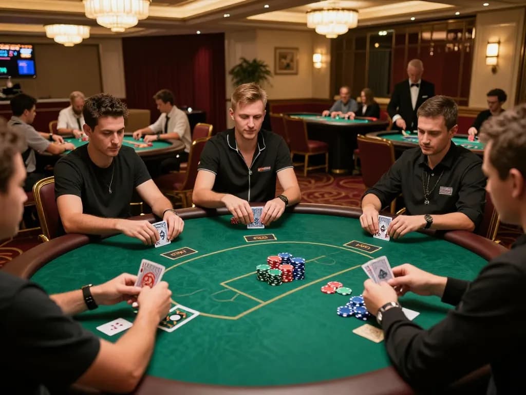 Players enjoying an engaging poker game at RR88 casino, showcasing vibrant chips and action-packed gameplay.