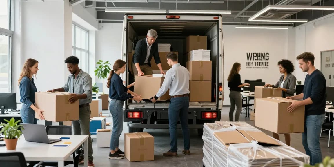 Professionelles Umzugsunternehmen Ludwigshafen packt Büroartikel und Möbel in Umzugstruck