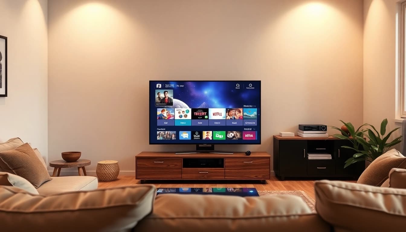 IPTV Anbieter vergleichen: Auswahl an Inhalten auf einem Fernseher in vertrauter Wohnumgebung.