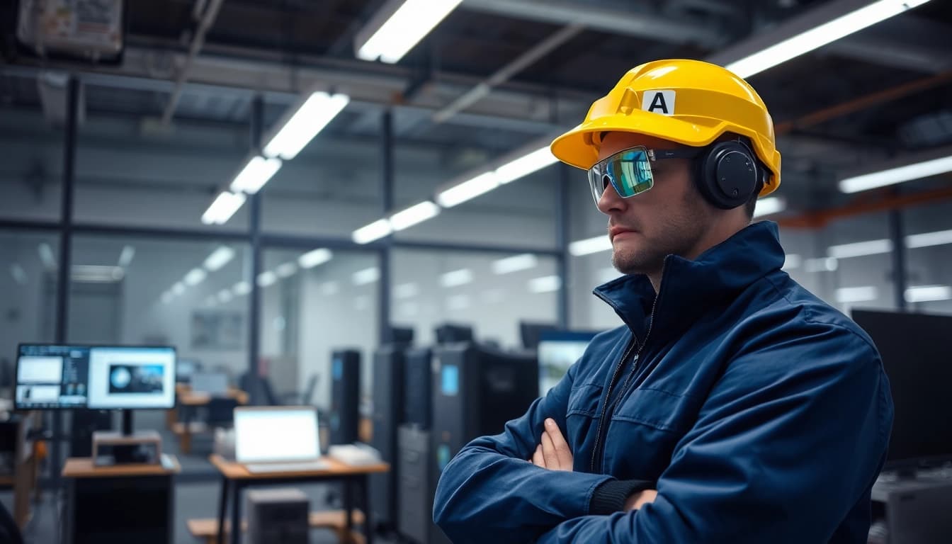 Techniker führt eine DGUV V3 Prüfung an elektrischen Geräten im Büro durch, um die Sicherheit zu gewährleisten.