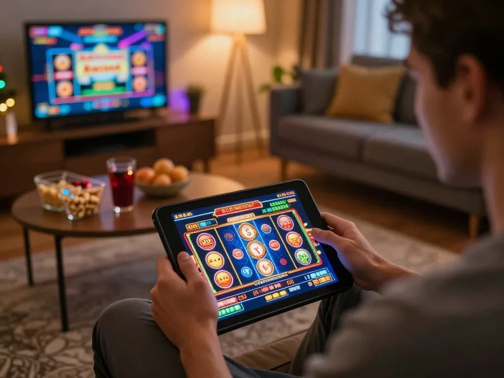 Player enjoying thrilling online slots at cm88 with a vibrant home setup and engaging atmosphere.