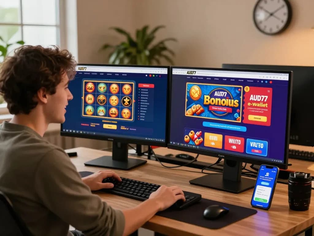 Engaged user exploring the aud77 e-wallet platform for online gaming promotions.