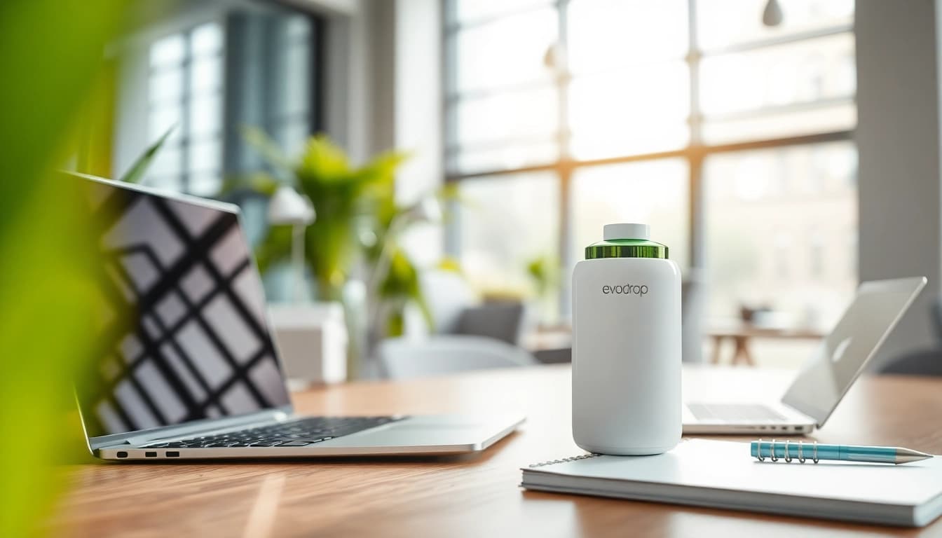 Evodrop präsentiert in einem modernen Büro mit frischem, innovativem Design.