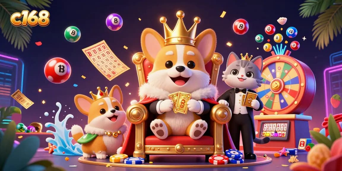 Experience the excitement of c168 with a royal corgi on a throne, surrounded by lively casino elements.