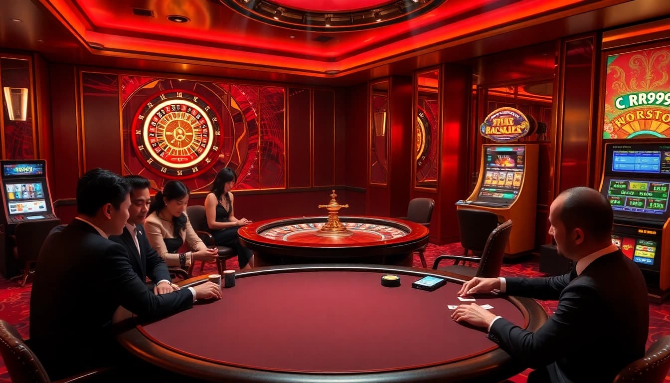 Engaged players enjoying RR99's interactive casino experience with poker table and roulette wheel.