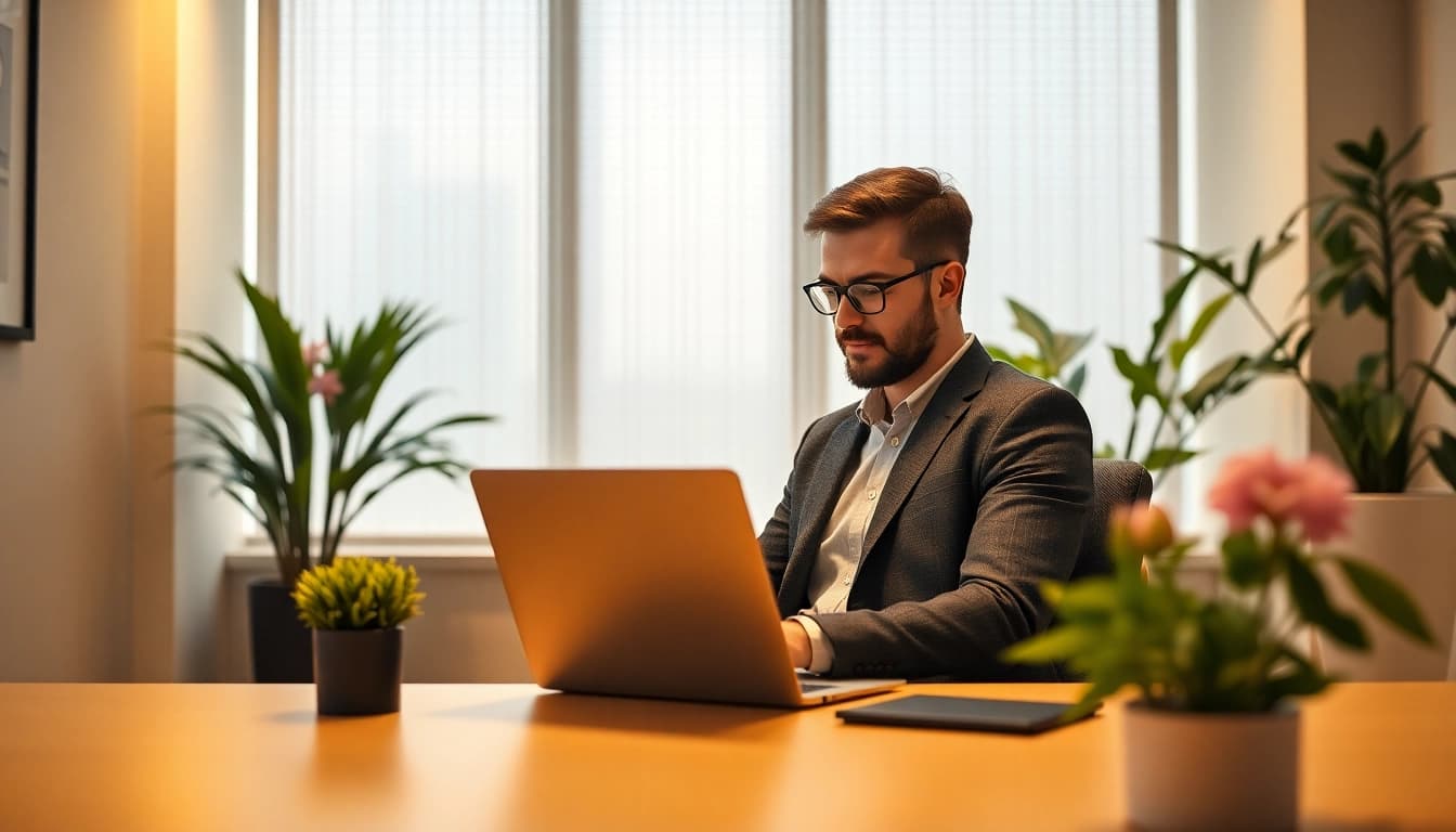 Headhunter arbeitet konzentriert am Laptop in einer modernen Büroumgebung, umgeben von Pflanzen.
