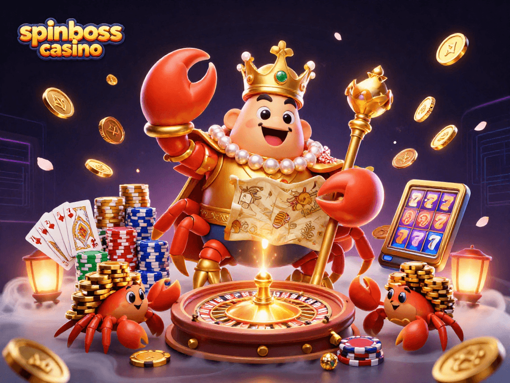 Erlebe das Abenteuer im spinboss casino mit einem majestätischen, goldenen Krabbenkaiser und seinen Schätzen.