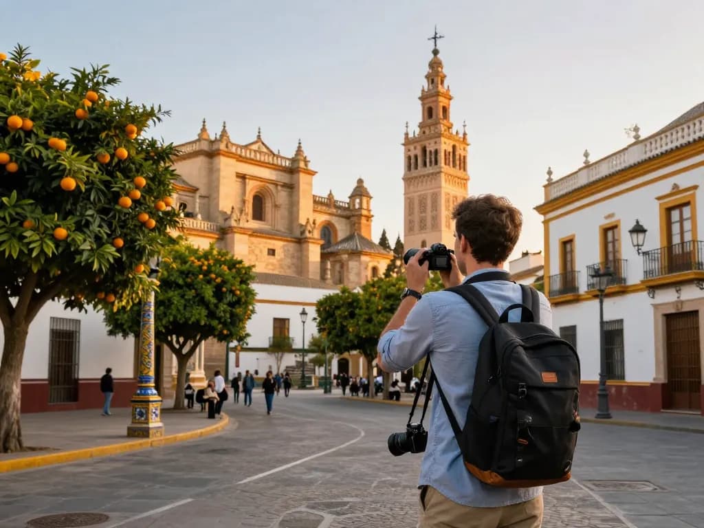 Reisetipps Sevilla: Reisender erkundet Sevillas historische Sehenswürdigkeiten im goldenen Sonnenlicht.