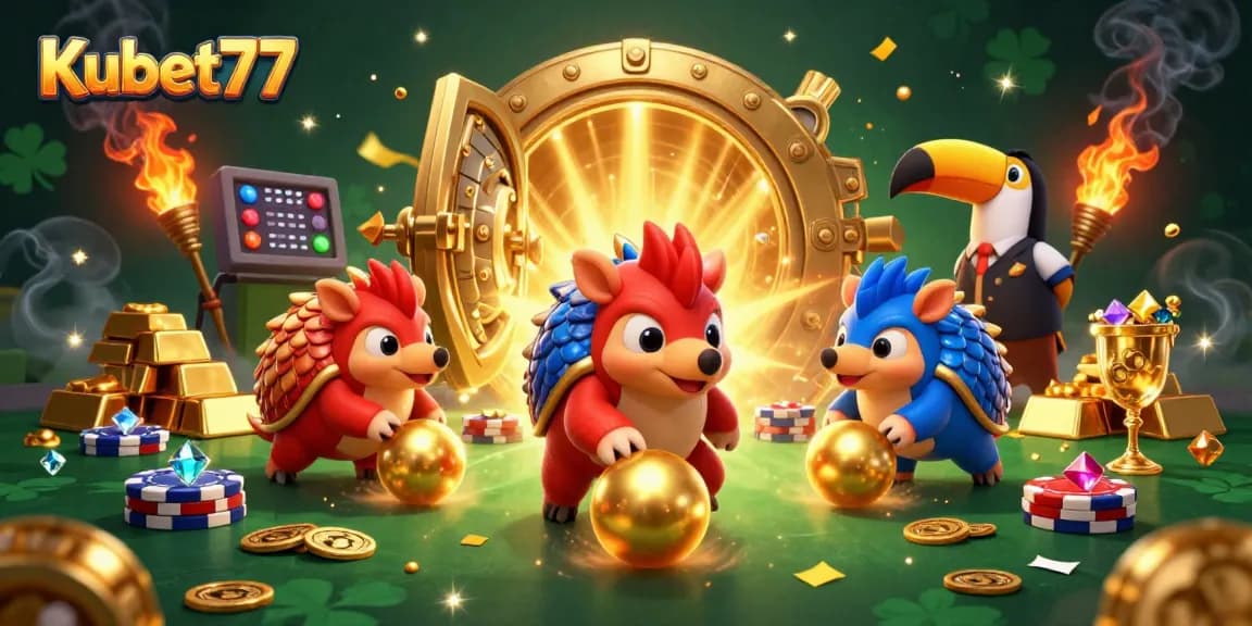 Kubet77 penguins clash while rolling golden balls and impacting poker chips in a vibrant casino scene.