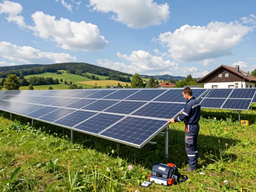 Photovoltaik Bayern Solaranlage mit Techniker, der die Paneele inmitten grüner Felder inspiziert.