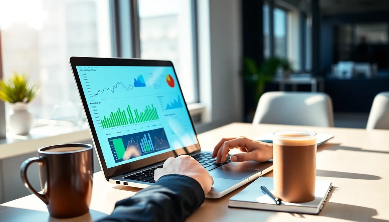 Online Marketing Strategien analysieren: Fachmann am Laptop in einem modernen Büro.