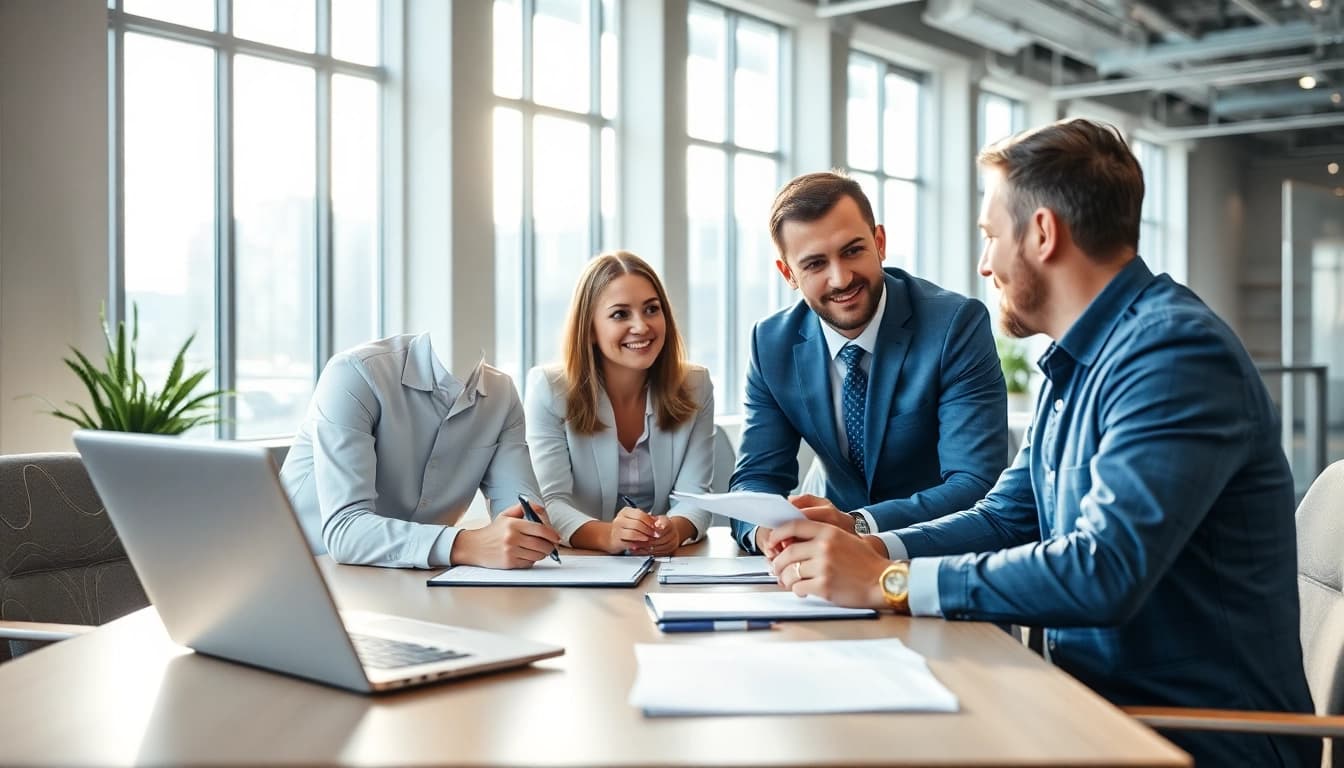 Headhunter Ingenieure in einem modernen Büro, die mit einem Kandidaten interagieren.