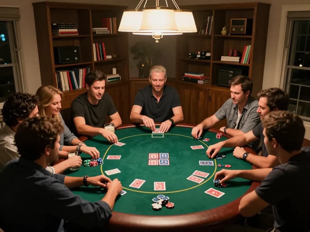 Social poker night at home, players focusing on their hands and chips, creating a dynamic MB66 gaming atmosphere