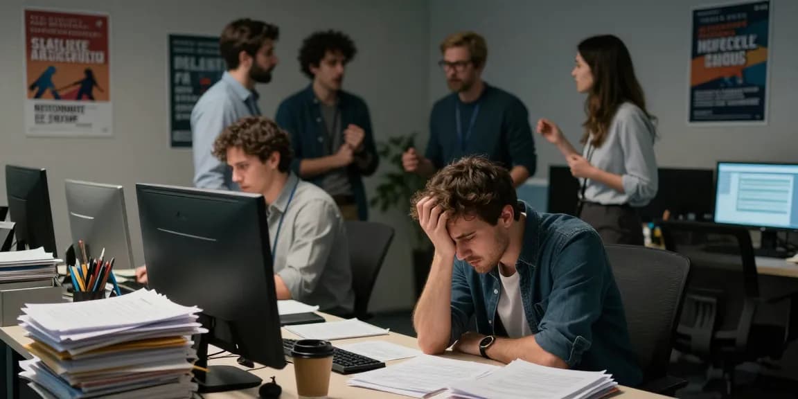 Die Auswirkung einer schlechten Arbeitskultur: Überforderte Mitarbeiter in einem unordentlichen Büro.