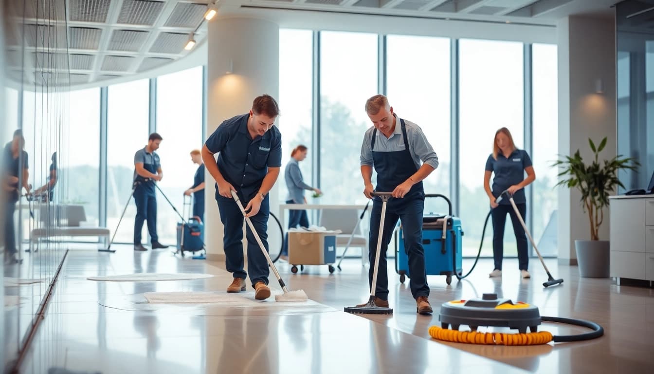 Efficient Gebäudereinigung Ulm by a professional cleaning team in an office environment