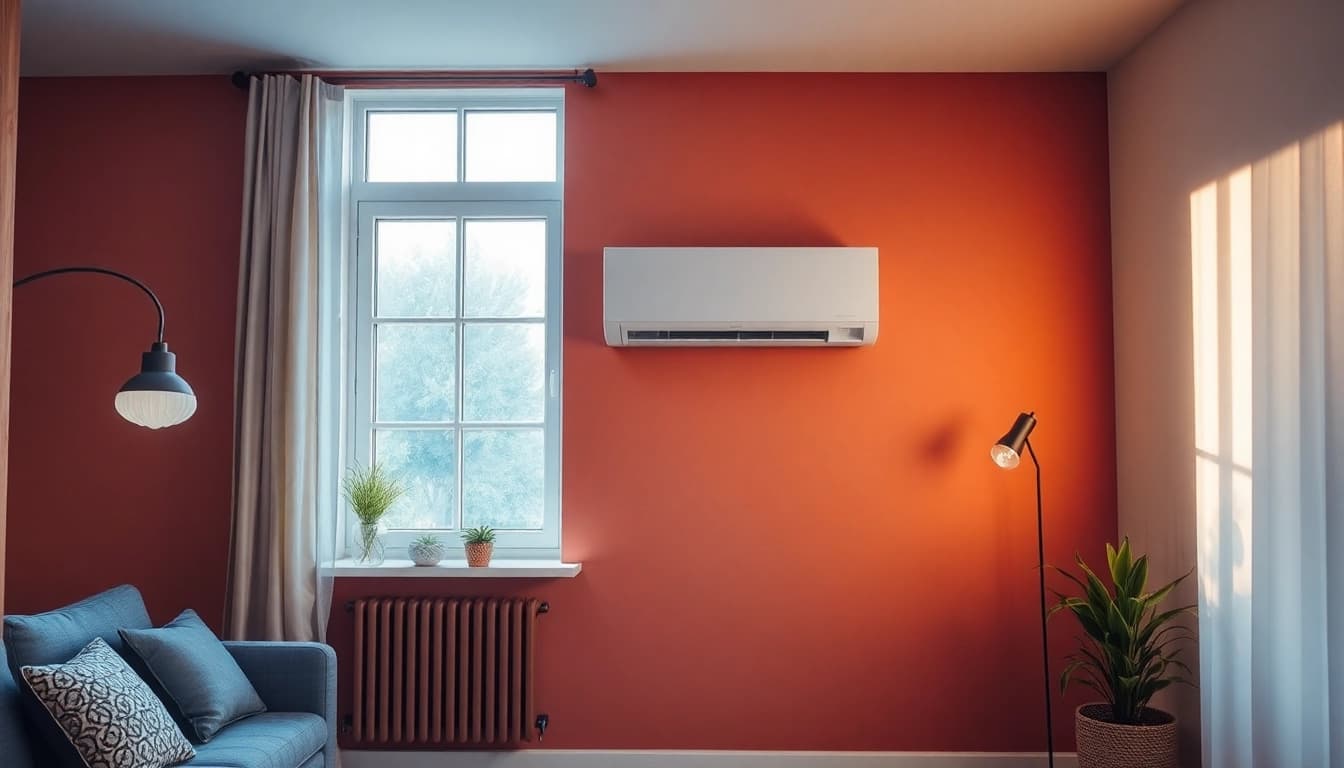Klima installieren: Installation eines modernen Klimageräts in einem stilvollen Raum mit natürlichem Licht.