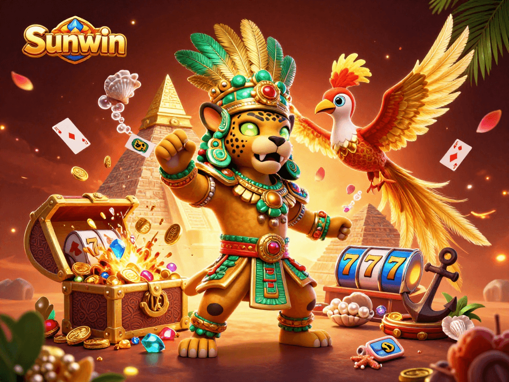 Experience the excitement of Sunwin slots in a vibrant Mayan-themed casino illustration.