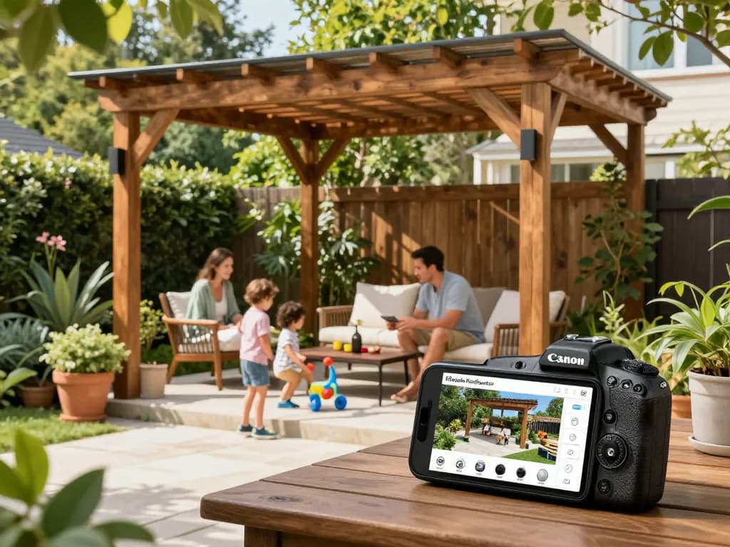 Pergola Konfigurator 3D, der im Freien präsentiert wird, mit einer Familie, die ihre anpassbare Pergola in einem lebhaften Garten genießt.