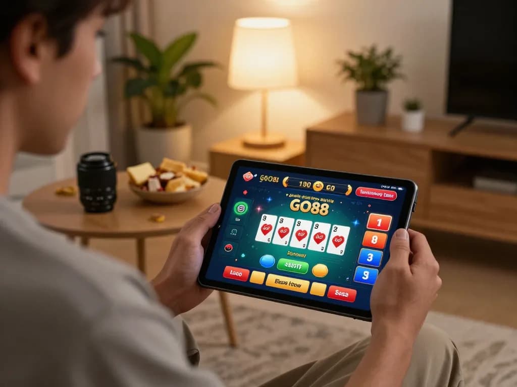 Engaging in GO88 online casino gaming on a cozy home setup with warm lighting, vibrant interface.