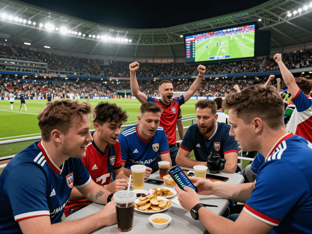 Wetten Fussball: Fans in einem Stadion feiern, während sie auf ihrem Smartphone live wetten.