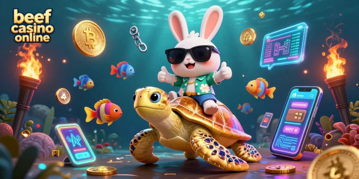 Spielen im Beef Casino online: ein Glücks-Rabbit reitet auf einer goldenen Schildkröte unter Wasser.