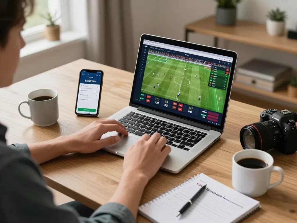 Engaging online sports betting setup with a user on bsport com analyzing odds.