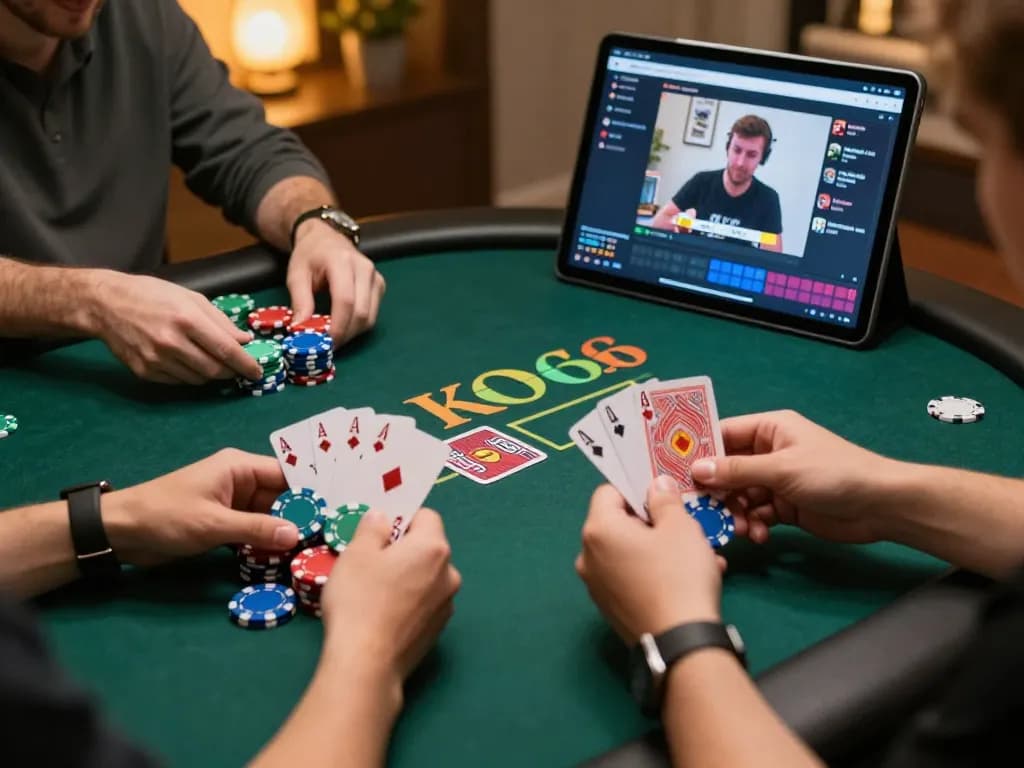 Người chơi thắng trong ứng dụng poker KO66, ăn mừng chiến thắng với chip và bài trên tay