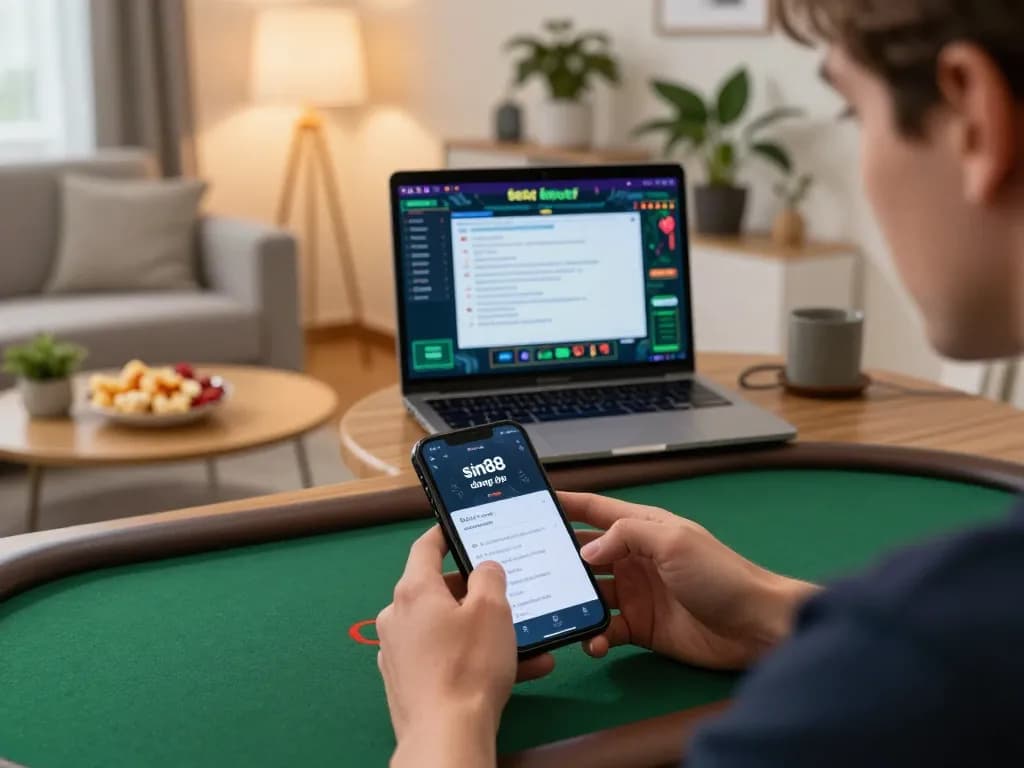 sin88 đăng nhập in a cozy home gaming setup with a smartphone and strategic notes for online gaming.