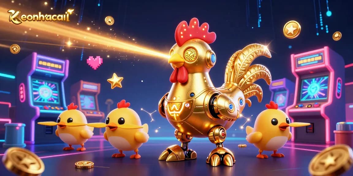 Engage with keonhacai's vibrant gaming scene featuring retro-futuristic characters and casino elements.
