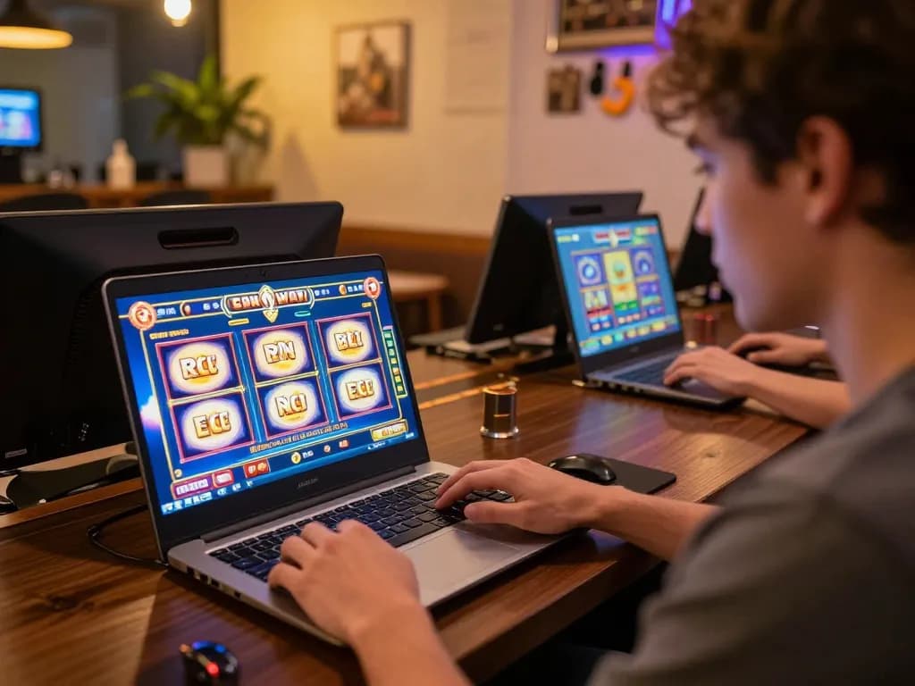 Player engaging with slot gacor games online, showcasing strategic gameplay through colorful interface and cozy environment