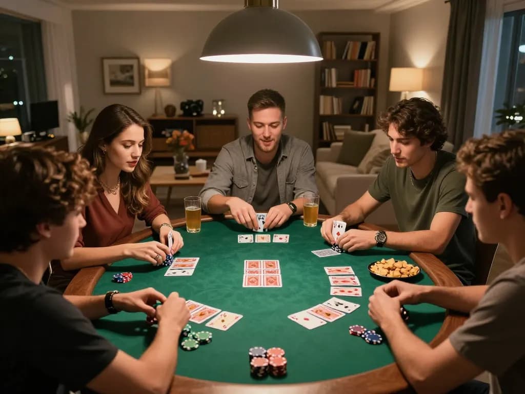 F168 players enjoying a lively poker game night at home with friends, strategic cards spread and chips stacked.