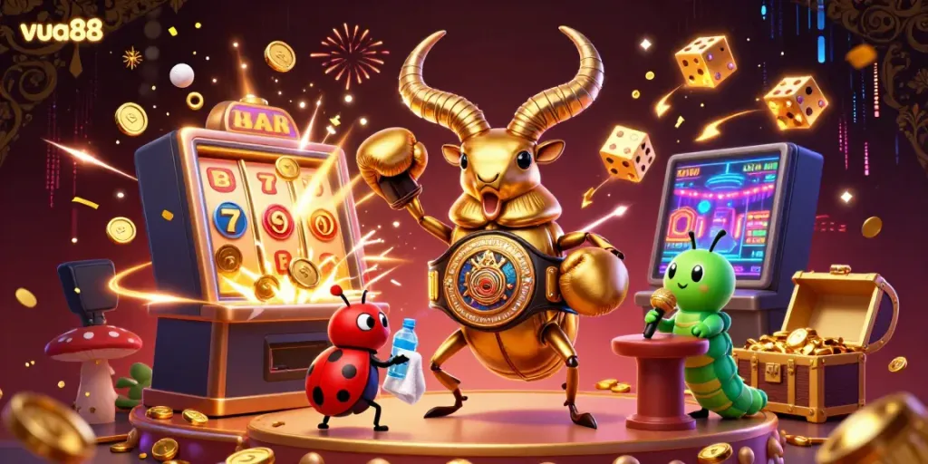 Spin and win big with vua88's vibrant casino experience featuring jackpot explosions and glowing characters.